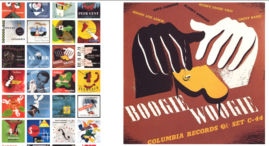 A selection of colourful Alex Steinweiss' album covers, with "Boogie Woogie" enlarged on the right.