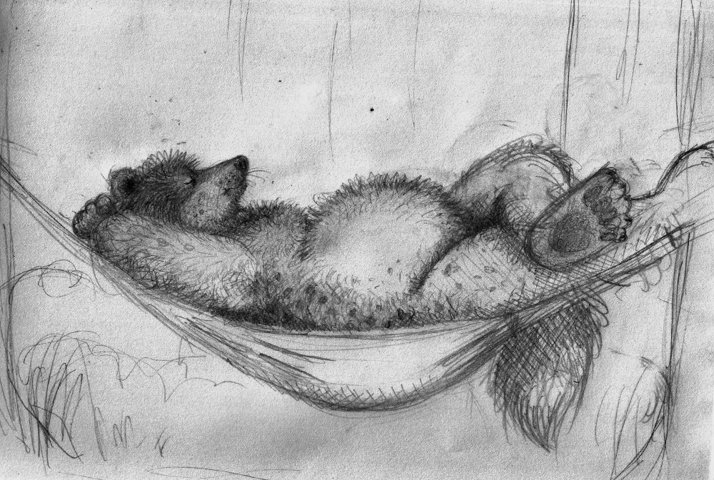 A drawing of a bear-like creature, laying on a hammock suspended in the air by two trees above some grass. His tail hangs outside of the fabric of the hammock and in the air. His right leg is straight while his left leg is sat crossed onto his right. The bear is quite plump. His arms rest at the back of his head, which is similarly lax.