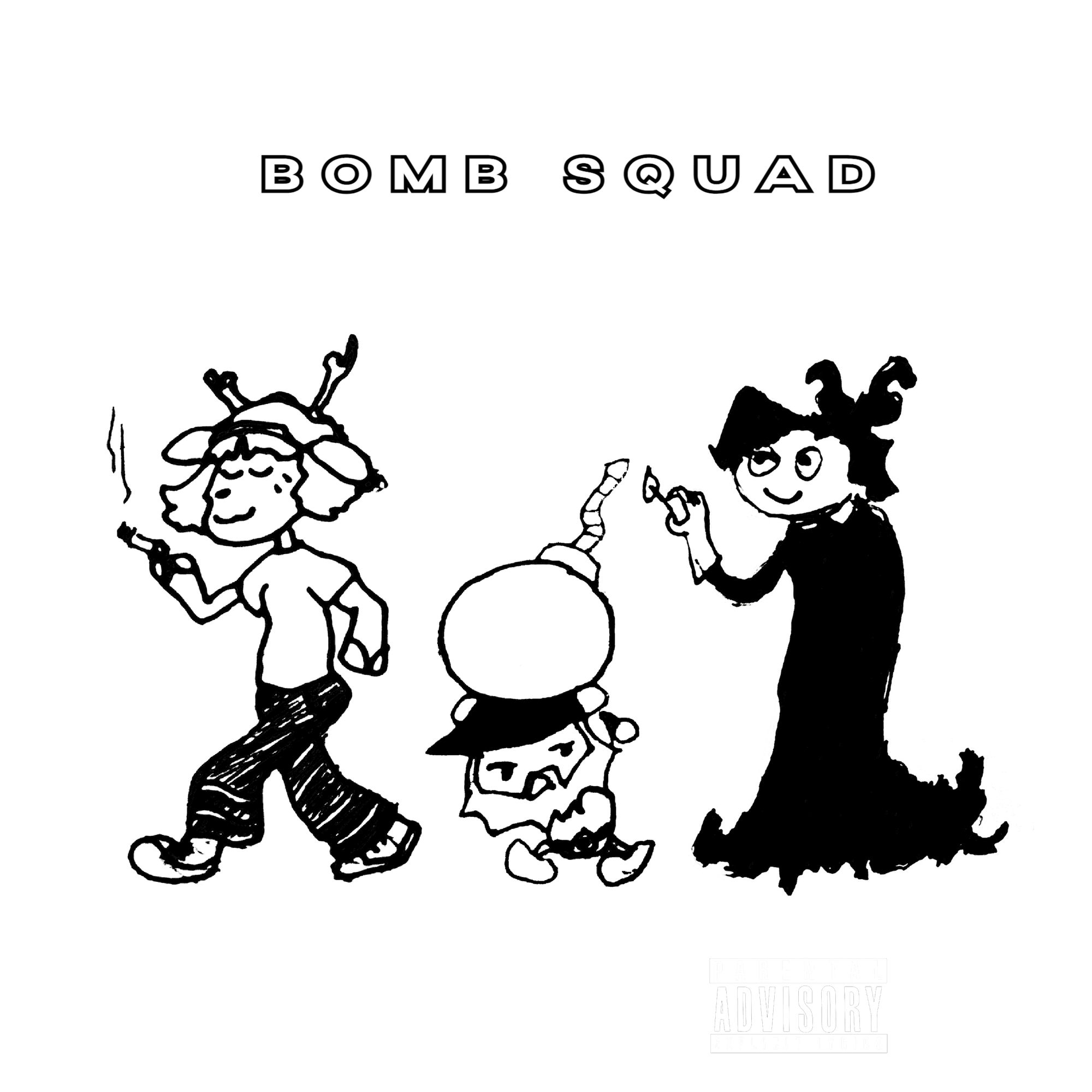 "Bomb Squad" is written in both English and Japanese on top. The trio of ilysm, roughpatch, and creepysusie are walking to the left respectively. ilysm is depicted as an anthro deer smoking a cigarette/blunt with a mild pleased expression. roughpatch, much shorter than the other two, is holding a bomb. creepysusie is holding a lighter close to the fuse of the bomb.