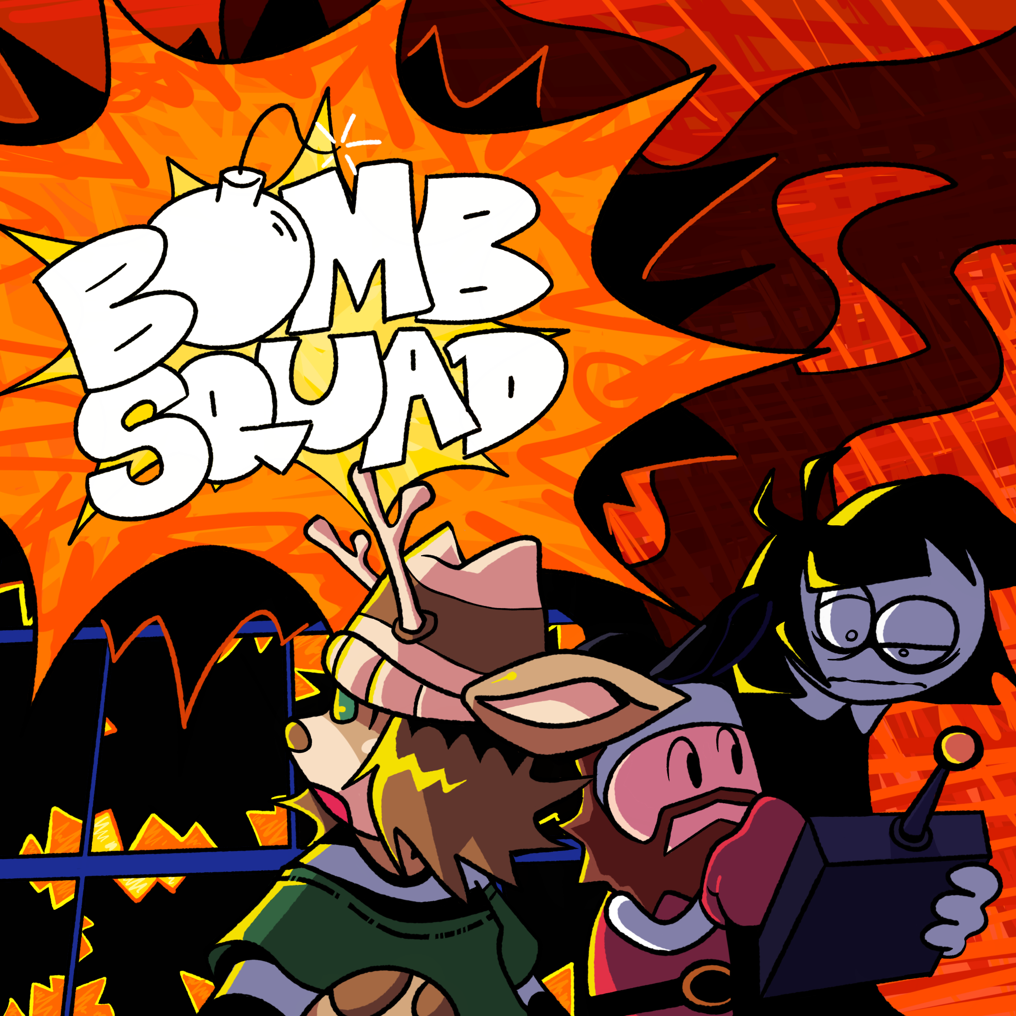 An anthropomorphic deer, a short guy, and a lady with sunken eyes and extremely pale skin react as a bomb is detonated in the left side of the screen, blowing up a building and creating an explosion. The explosion has the phrase "Bomb Squad" written on it.